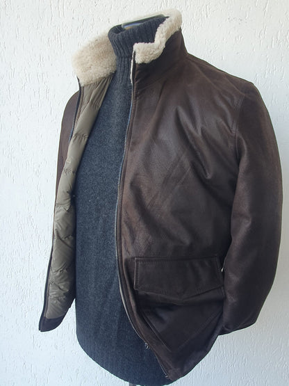 Giacca in Renna Vintage Blu con Collo in Montone e Interno in Vera Piuma d'Oca