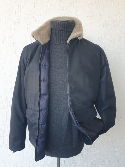 Giacca in Renna Vintage Blu con Collo in Montone e Interno in Vera Piuma d'Oca
