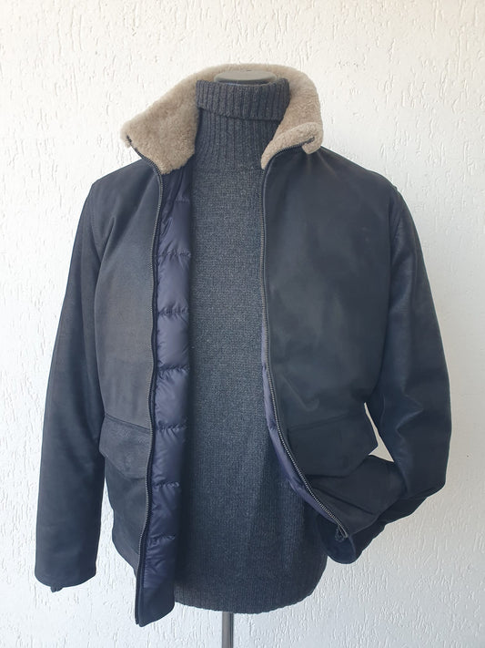 Giacca in Renna Vintage Blu con Collo in Montone e Interno in Vera Piuma d'Oca