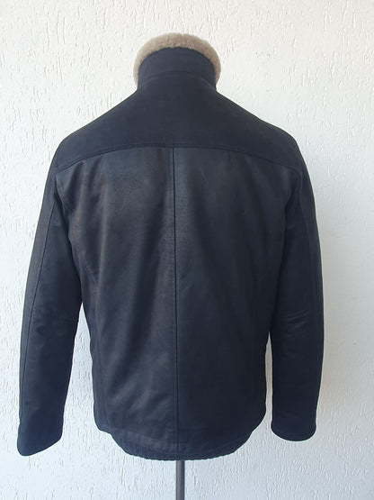 Giacca in Renna Vintage Blu con Collo in Montone e Interno in Vera Piuma d'Oca