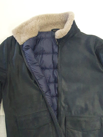 Giacca in Renna Vintage Blu con Collo in Montone e Interno in Vera Piuma d'Oca